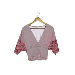 Zara Embroidered Cottagecore Pink White Crop top shirt Faux Wrap Deep V Striped